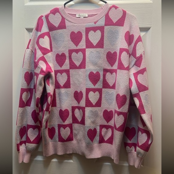 crown & ivy Sweaters - crown & ivy Pink and Hot Pink Heart-Check Crewneck Sweater